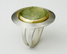  'Saturn Ring' with round Prehnite cabochon stone in silver and 18K yellow gold